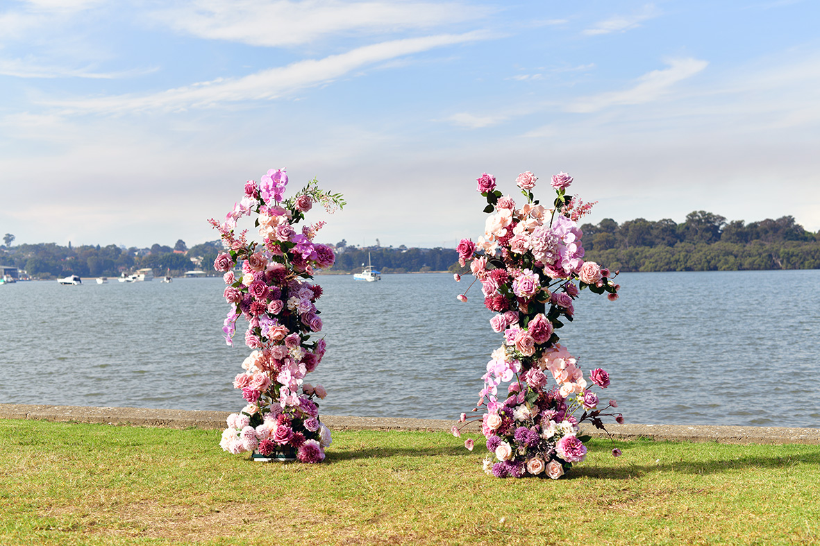 Purple & Pink Flower Towers Backdrop HIRE